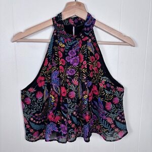 Forever 21 Floral Crop‎ Halter Top Sleeveless Party Black Multicolor Small Tank
